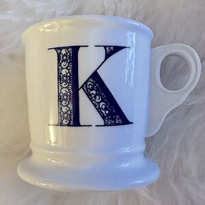 ANTHROPOLOGIE Classic Monogram Mug. Bone White w/ Handle & Black “K” Initial.